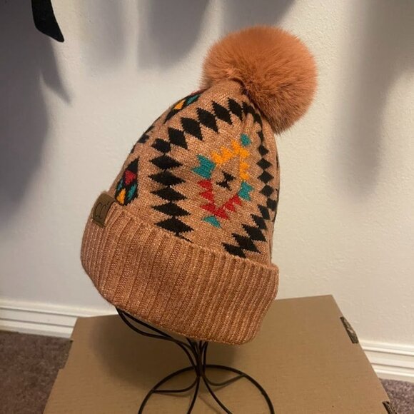 C.C Aztec Print‎ Beanie With Faux Fur Pom Womens Rayon/Nylon Blend Multicolor - Picture 8 of 14